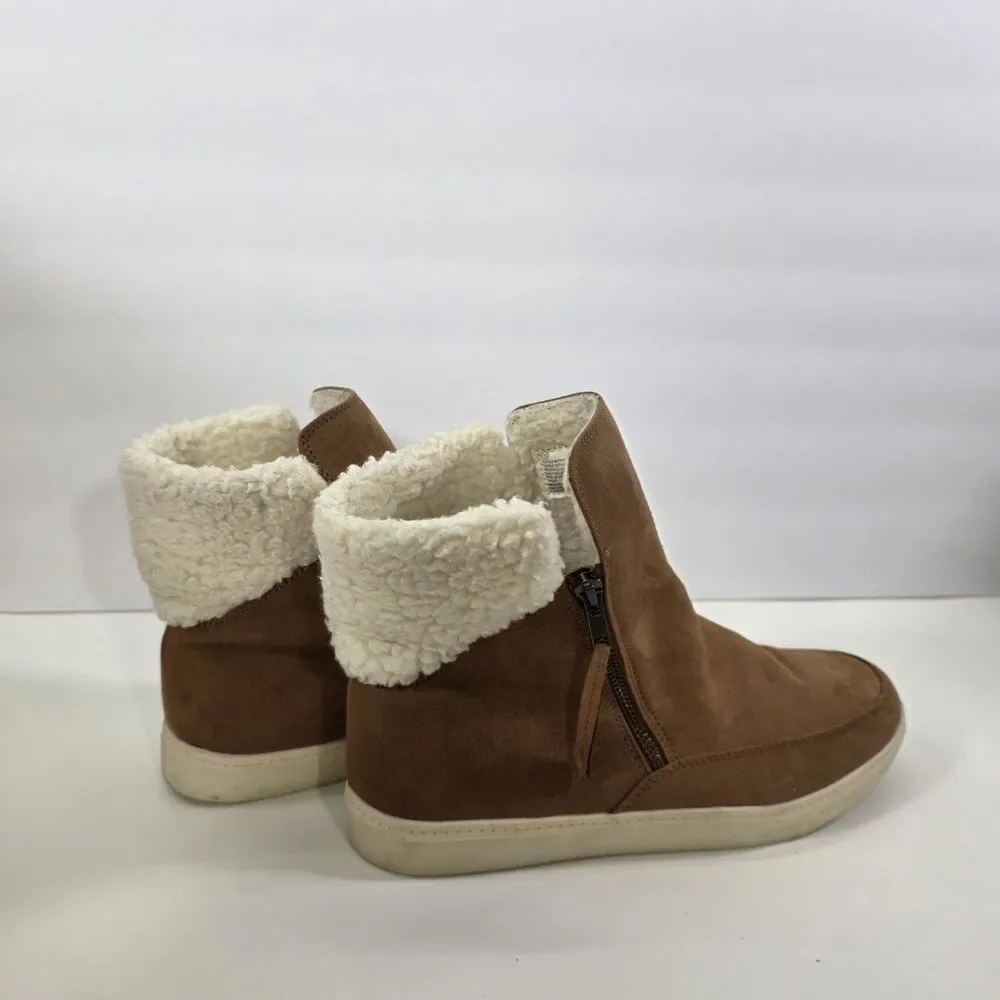 Universal Thread Faux Shearling Sneaker Boots Womens 10 Brown Cozy Winter Zip...